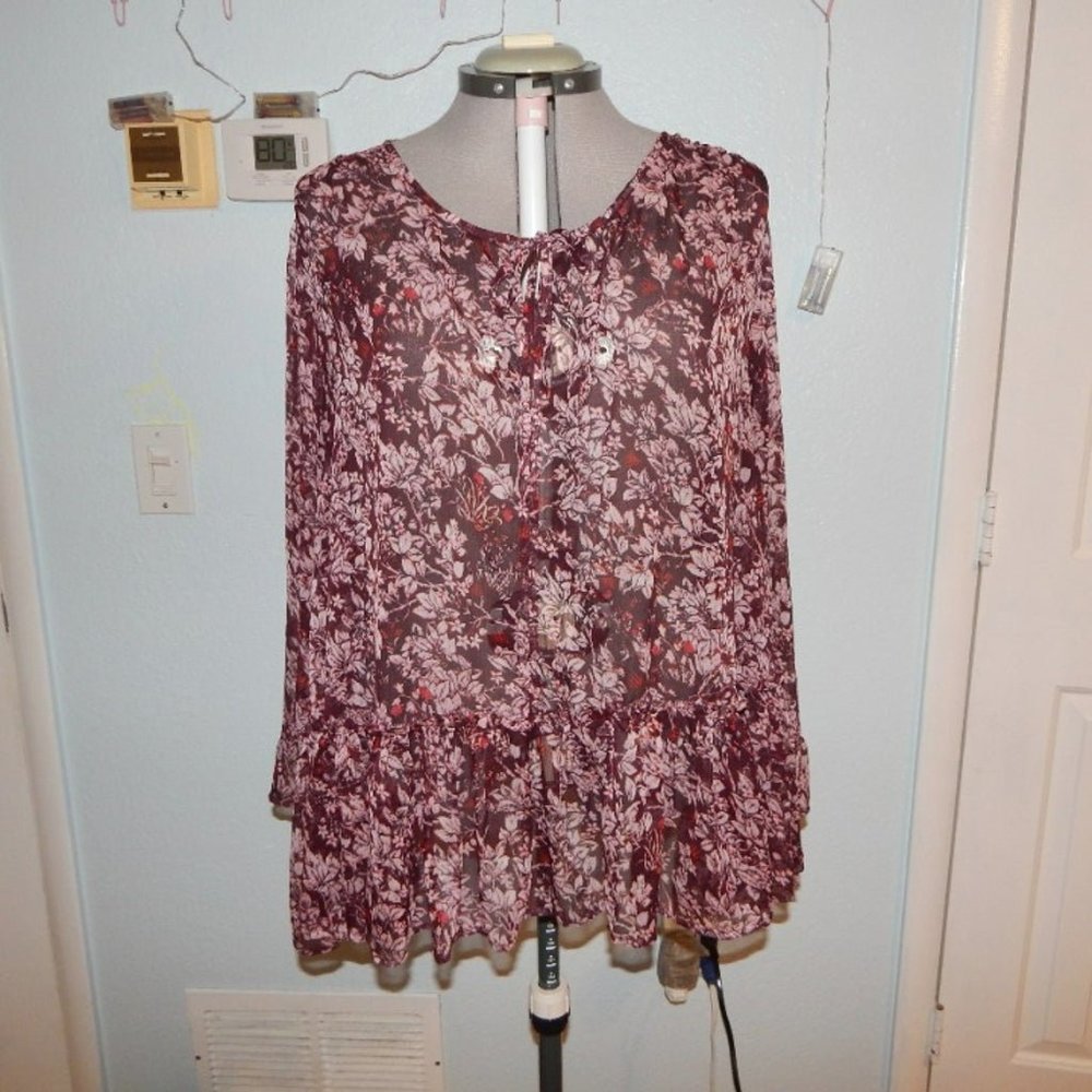 Lucky Brand Plus SIze 3X Semi Sheer Floral Blouse Peplum Shirt Top Boho Peasant